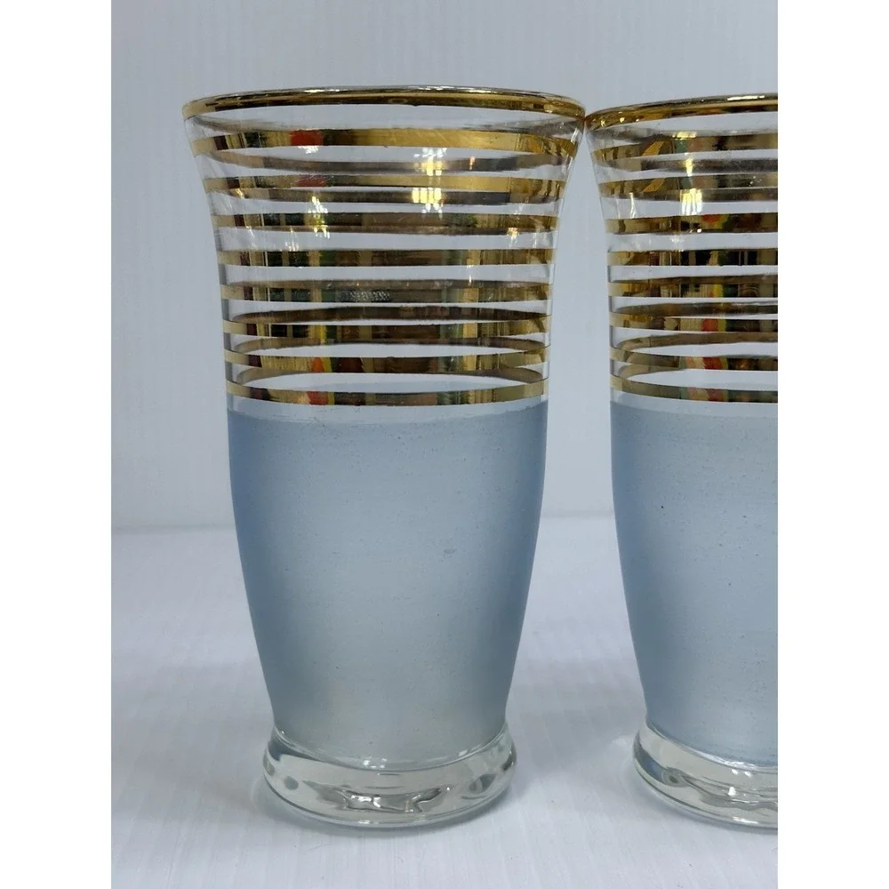 Mid Century Modern MCM Frosted Glass Turquoise Blue Gold Stripe SET 5